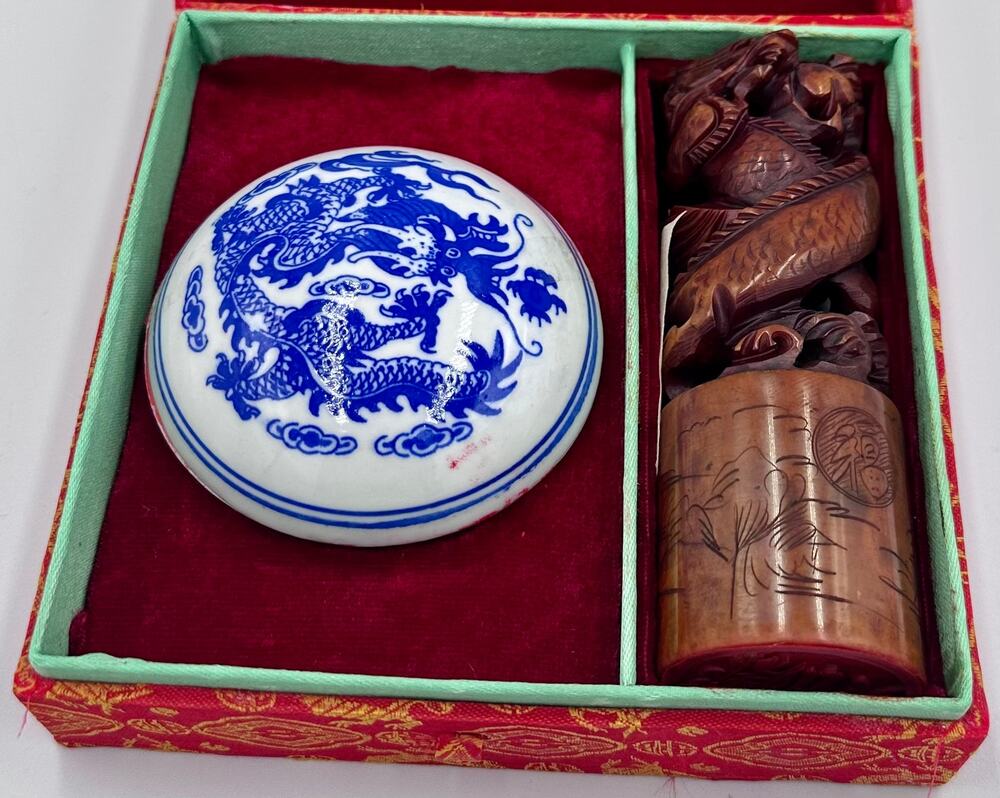 Vintage Chinese Dragon Hand Carved Soapstone Shop Seal & Red Ink Pot Set